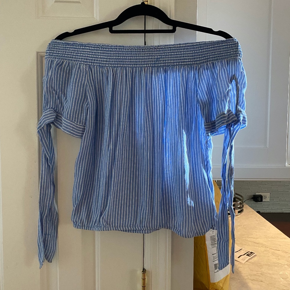 Blue and white striped off the shoulder top